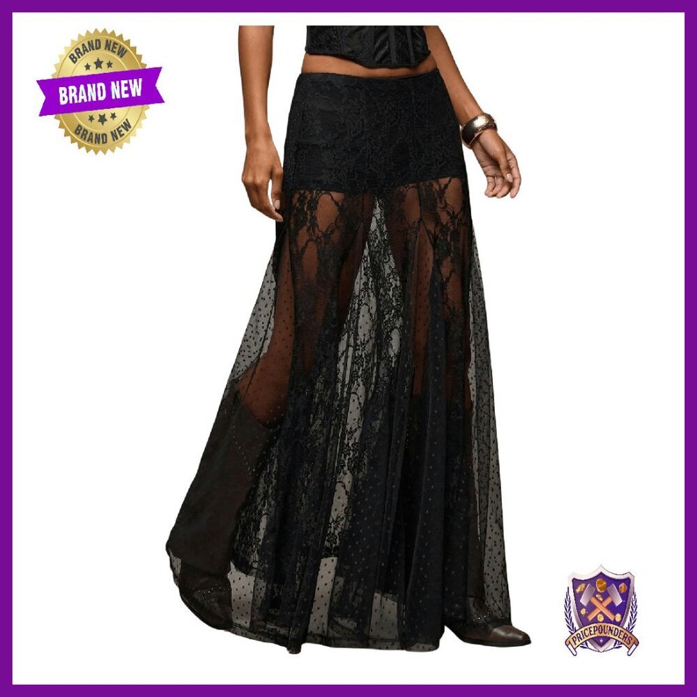 Lace Sheer Maxi Skirt A-Line Ruffle Boho Goth Floral Polka Dots